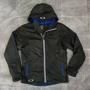 Men's Oakley Black Blue White Hooded Lightweight Zip Up Windbreaker Jacket Sz M